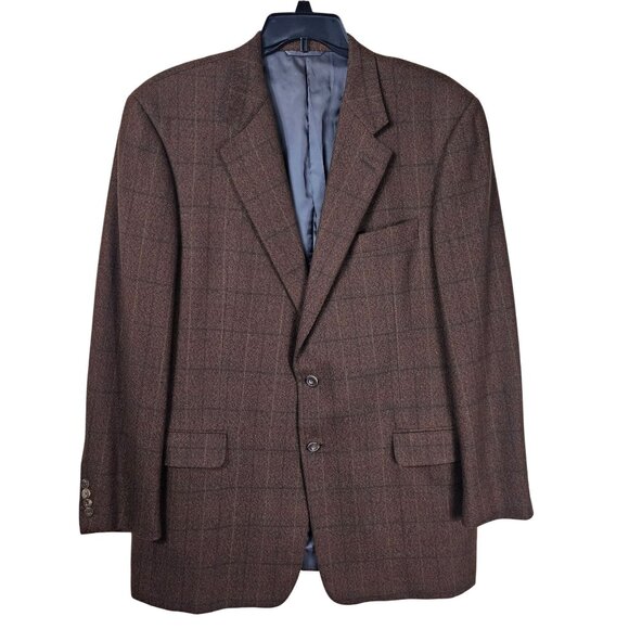 Hickey Freeman Canterbury Wool Cashmere Sport Coat Mens 44L Brown Glen Plaid USA